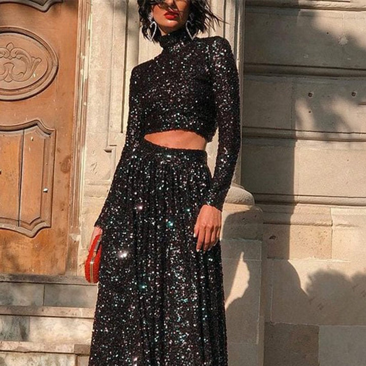 Damen nan zweiteiliges Pailletten-Abendset mit hochgeschlossenem Crop-Top und fließendem Maxirock Echo Archiv