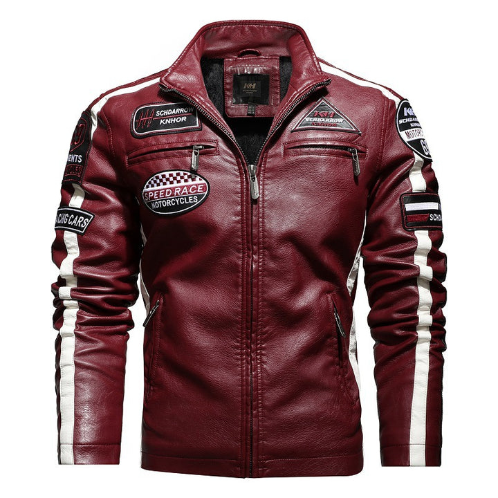 Herren Racing-Style Kunstlederjacke mit Aufnähern, Kontraststreifen und Stehkragen Echoarchiv