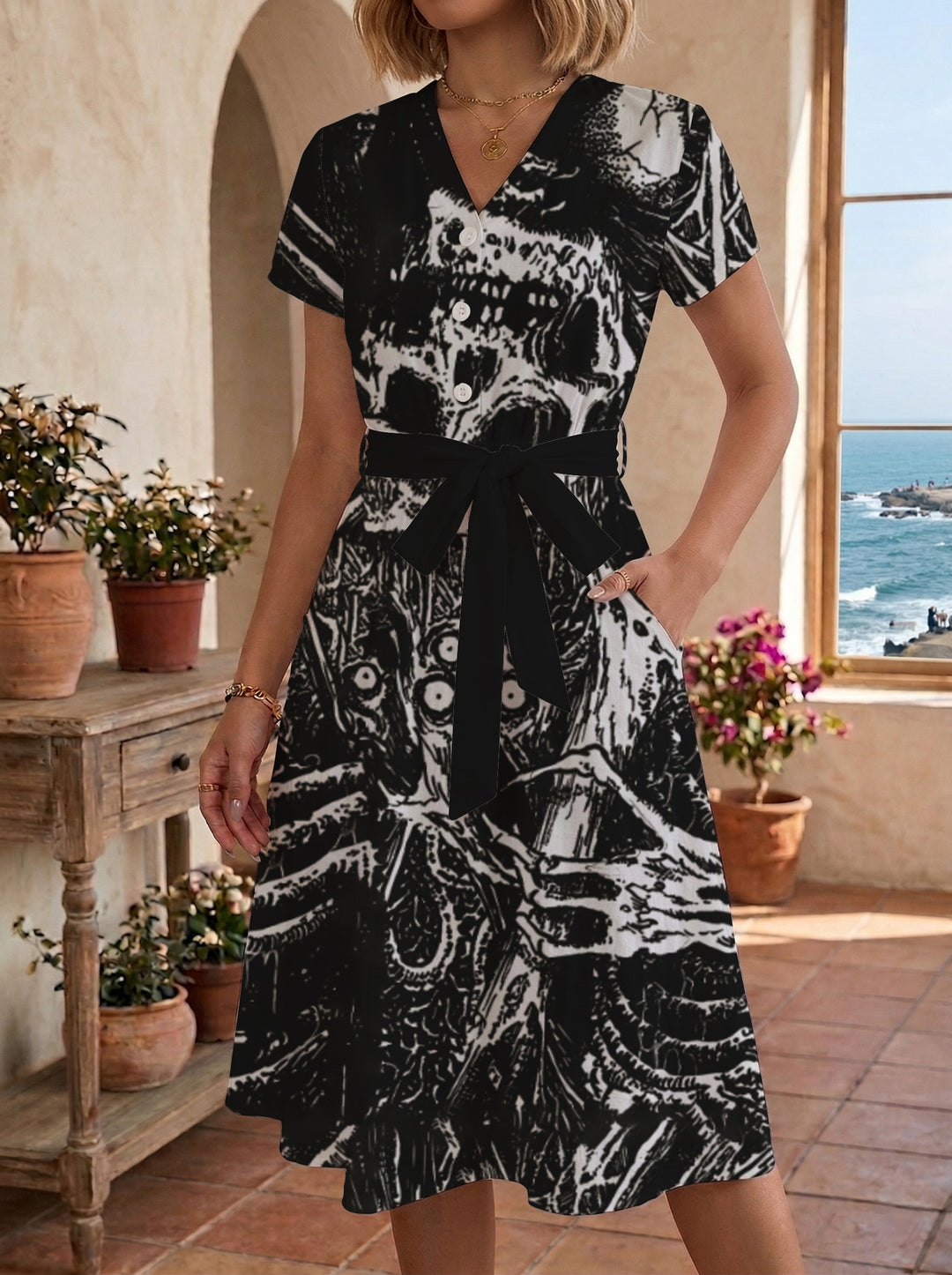 Damen Blühendes Midikleid mit taillierbarem Gürtel und kunstvollem Print Echo Archiv
