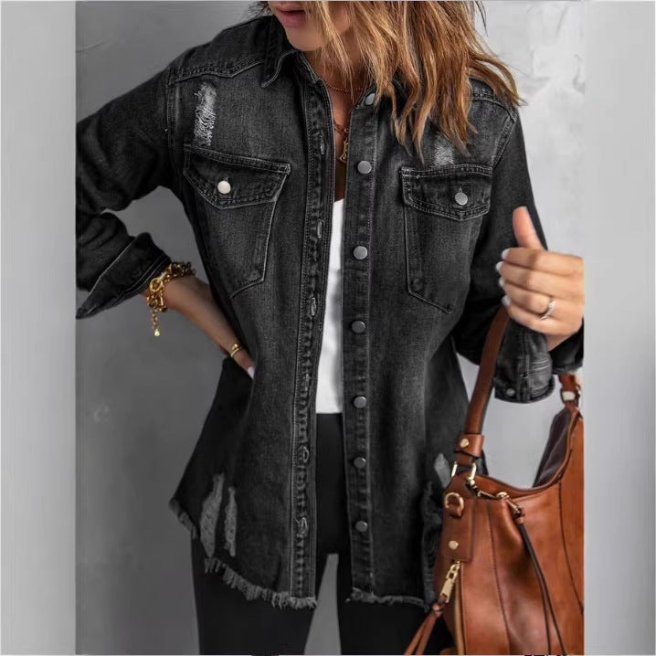 Damen Oversize-Denim-Hemdjacke mit Distressed‑Details und fransigem Saum Echo Archiv