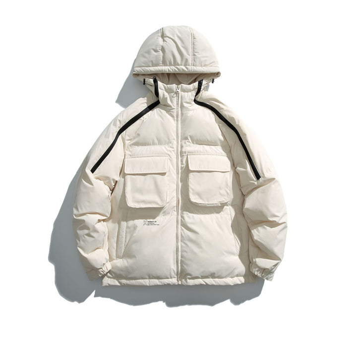 Unisex Kurz geschnittener Boxy-Puffer mit Kapuze, Kontraststreifen und großen Klappentaschen Echoarchiv