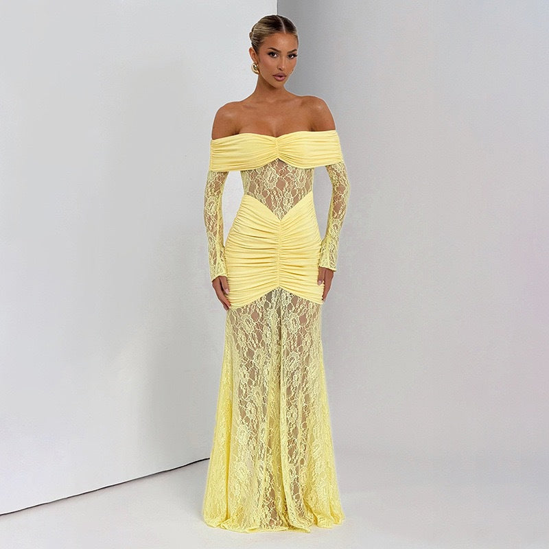 Damen Elegantes Langarm-Spitzenkleid mit Raffungen und schulterfreiem Design Echo Archiv