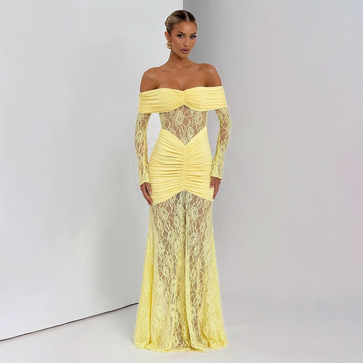 Damen Elegantes Langarm-Spitzenkleid mit Raffungen und schulterfreiem Design Echo Archiv
