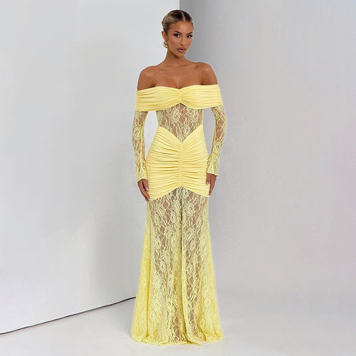 Damen Elegantes Langarm-Spitzenkleid mit Raffungen und schulterfreiem Design Echo Archiv