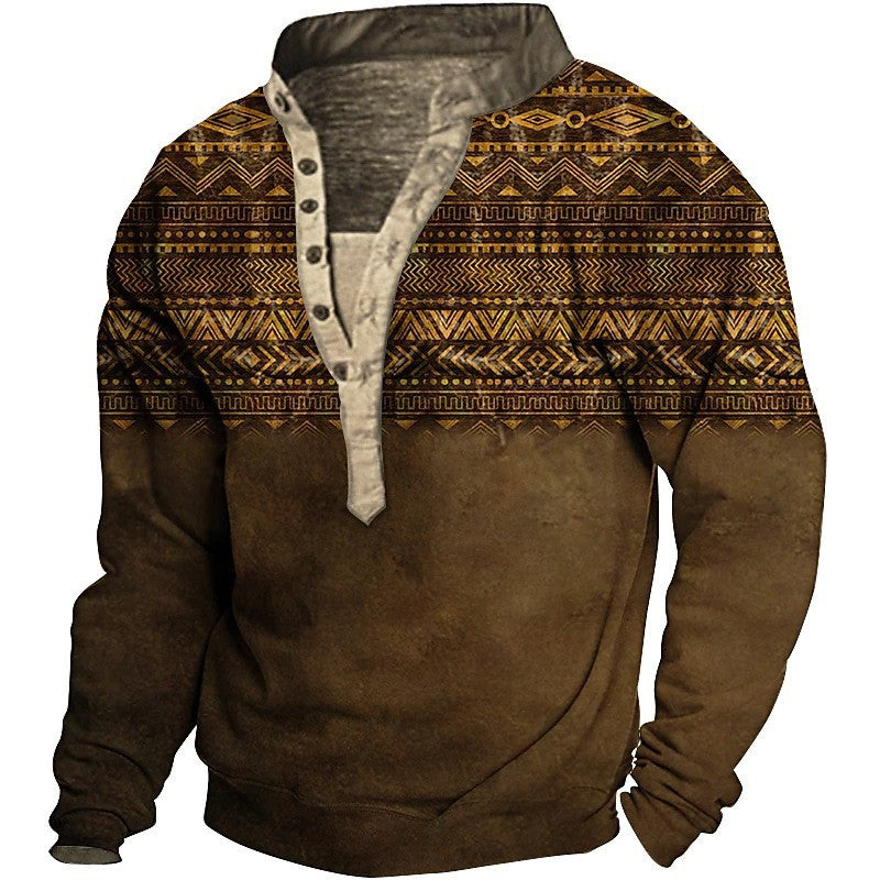 Herren Fleece-Pullover mit einzigartigem Ethno-Muster und praktischen Knopfdetails Echoarchiv