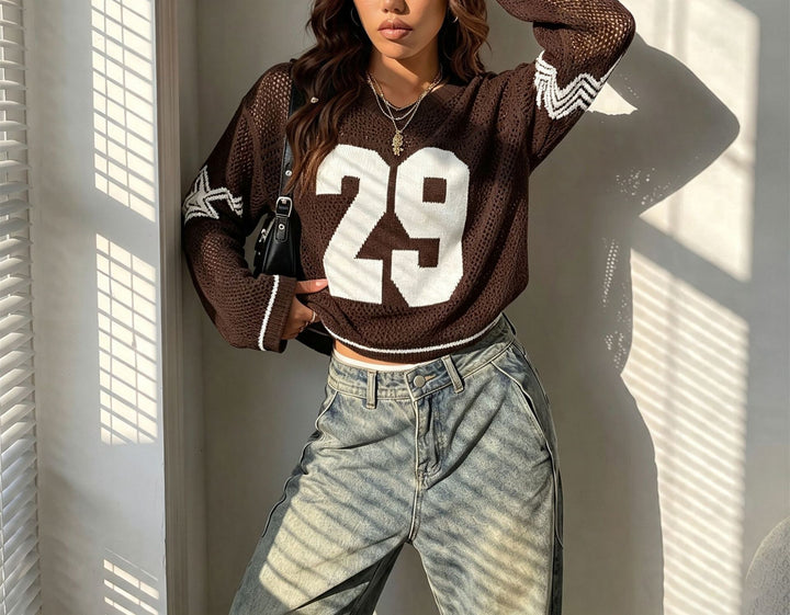 Damen Oversize Netz-Strick Cropped Pullover mit V-Ausschnitt Echoarchiv