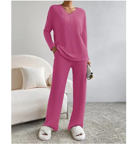 Damen Gemütliches Rippstrick-Loungewear-Set mit V-Ausschnitt und weitem Bein Echo Archiv