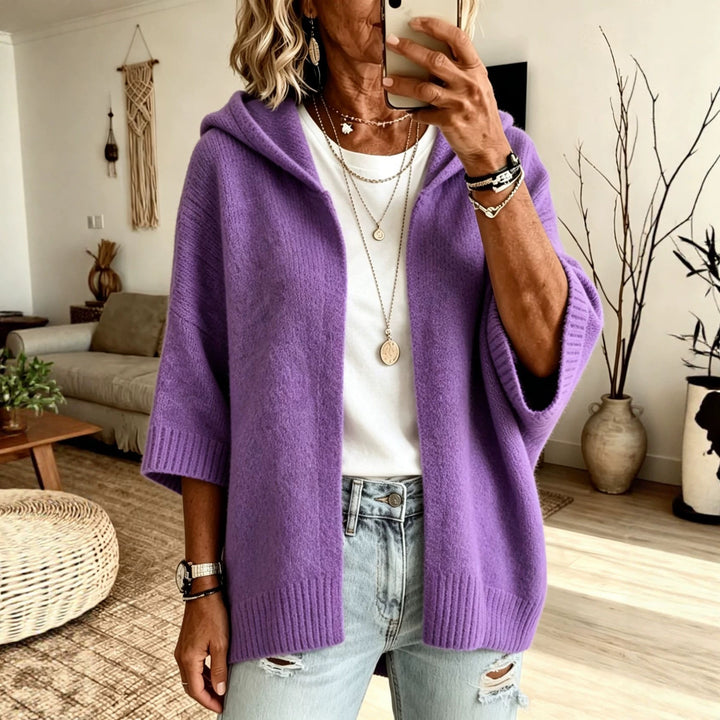 Damen Kapuzen-Longcardigan aus grobem Strick mit 3/4-Ärmeln und offener Front – Veloura