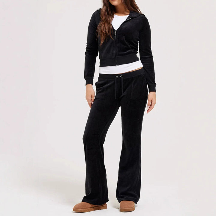 Damen Samtvelours Cropped-Zipjacke mit Kängurutasche und hochgeschnittener Bündchenhose – Auréline