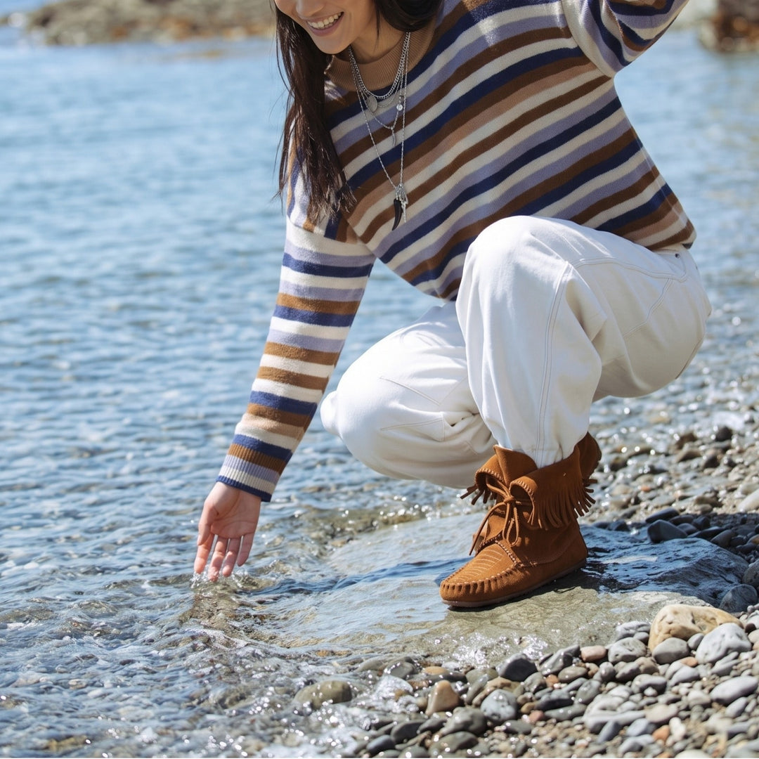 Damen Gestreifter Strickpullover mit Polokragen & Knopfleiste Echoarchiv