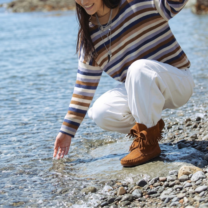 Damen Gestreifter Strickpullover mit Polokragen & Knopfleiste Echoarchiv