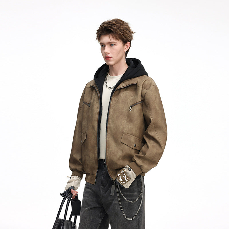 Herren Oversize-Blouson aus Kunstleder mit abnehmbarem Kapuzen‑Einsatz, Stehkragen und Utility‑Taschen Echo Archiv