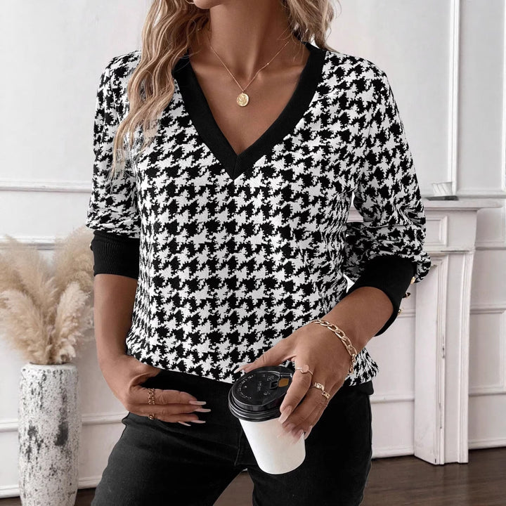 Damen nan V-Ausschnitt Strickpullover mit Hahnentrittmuster und gerippten Bündchen Echo Archiv