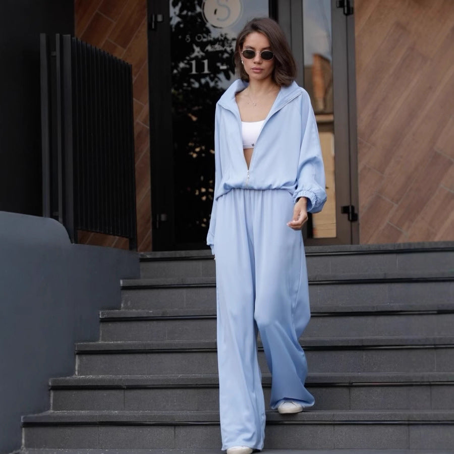 Damen lässiges Zweiteiler Set aus fließender Satinoptik mit weitem Bund und Crop-Top – Élanora