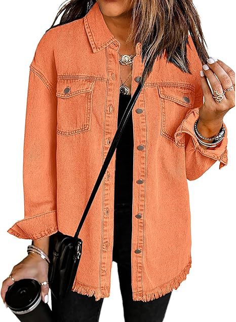 Damen Oversize Jeanshemdjacke mit Fransensaum Echoarchiv