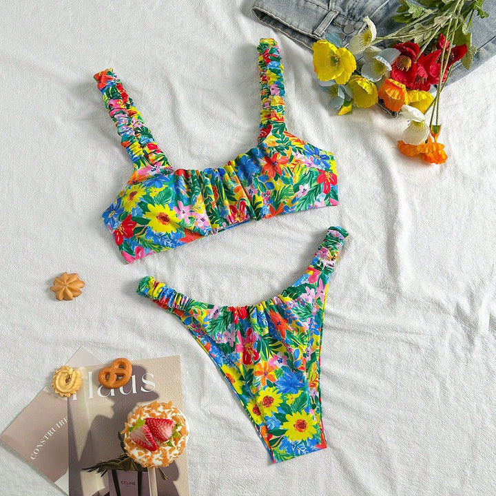 Damen Hauchdünner Floral-Bikini mit elastischen Rüschen Echo Archiv