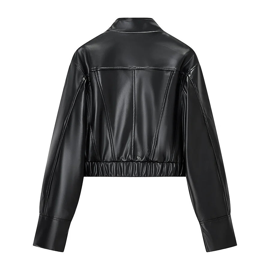 Damen kurze vegane Lederjacke im Cropped‑Korsettstil mit Stehkragen – Velloura