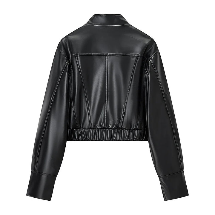 Damen kurze vegane Lederjacke im Cropped‑Korsettstil mit Stehkragen – Velloura