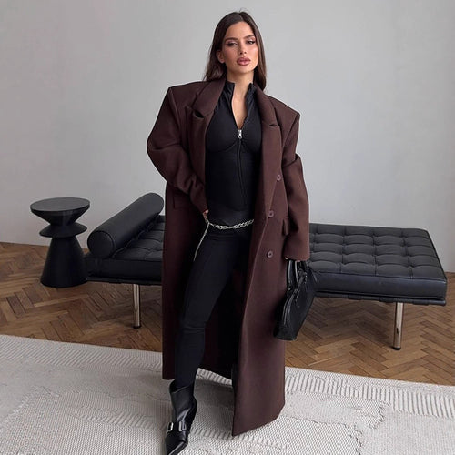Damen Maxilanger Wollmix-Mantel mit kastiger Oversize‑Silhouette und markanten Schultern Echoarchiv
