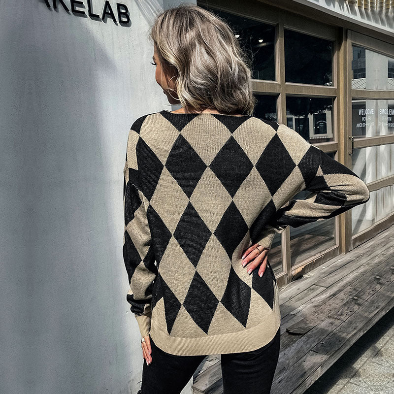 Damen Rauten-Strickpullover mit lockerem Schnitt und Rippbündchen Echoarchiv