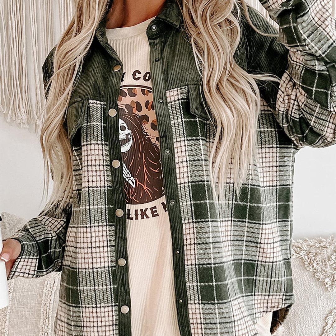 Damen Oversize karierte Hemdjacke mit Cordbesatz und Druckknöpfen – Avérine