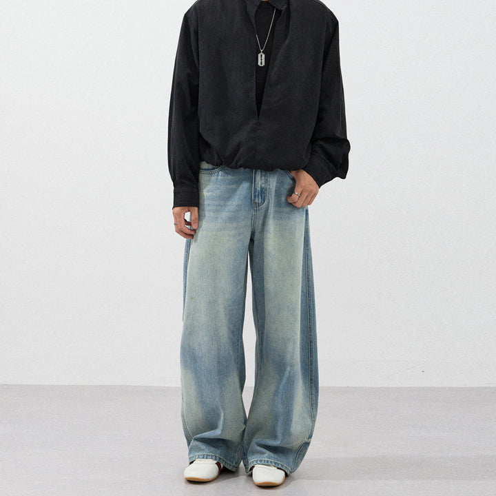 Herren Extraweite Zweiton-Denim-Palazzohose mit Block-Panelen und tiefem Schritt Echo Archiv