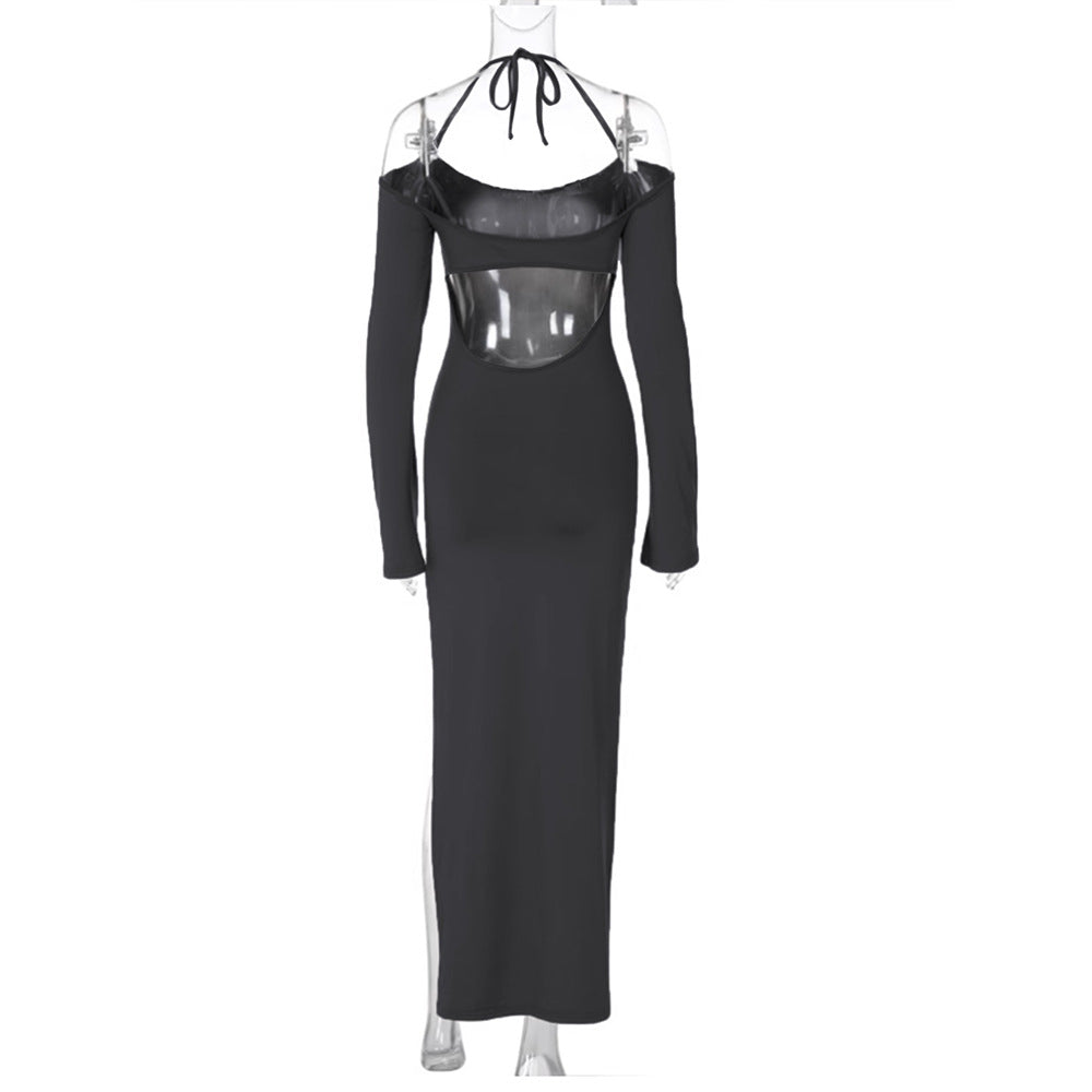 Damen langes Abendkleid mit Neckholder und schulterfreiem Bell-Ärmel, figurbetonter Taillenraffung und hohem seitlichem Beinschlitz – Valéora