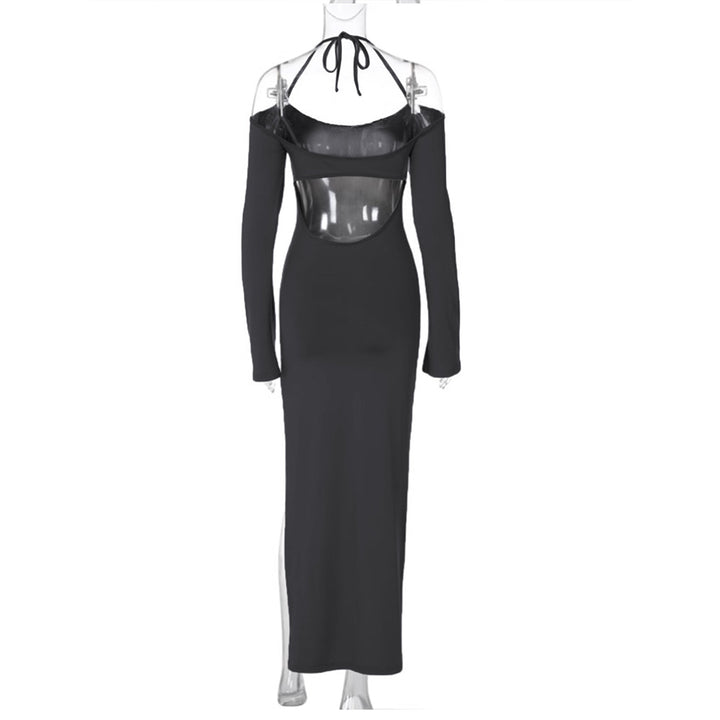Damen langes Abendkleid mit Neckholder und schulterfreiem Bell-Ärmel, figurbetonter Taillenraffung und hohem seitlichem Beinschlitz – Valéora