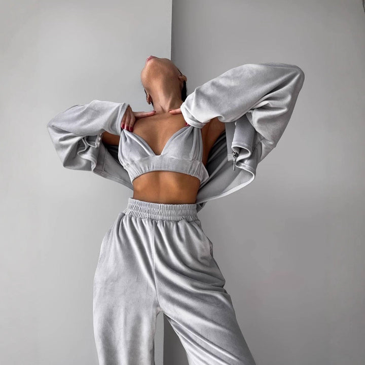 Damen kurzes Samt-Cropped-Zipshirt mit weitem High‑Waist Palazzo‑Hose Zweiteiler – Élanora