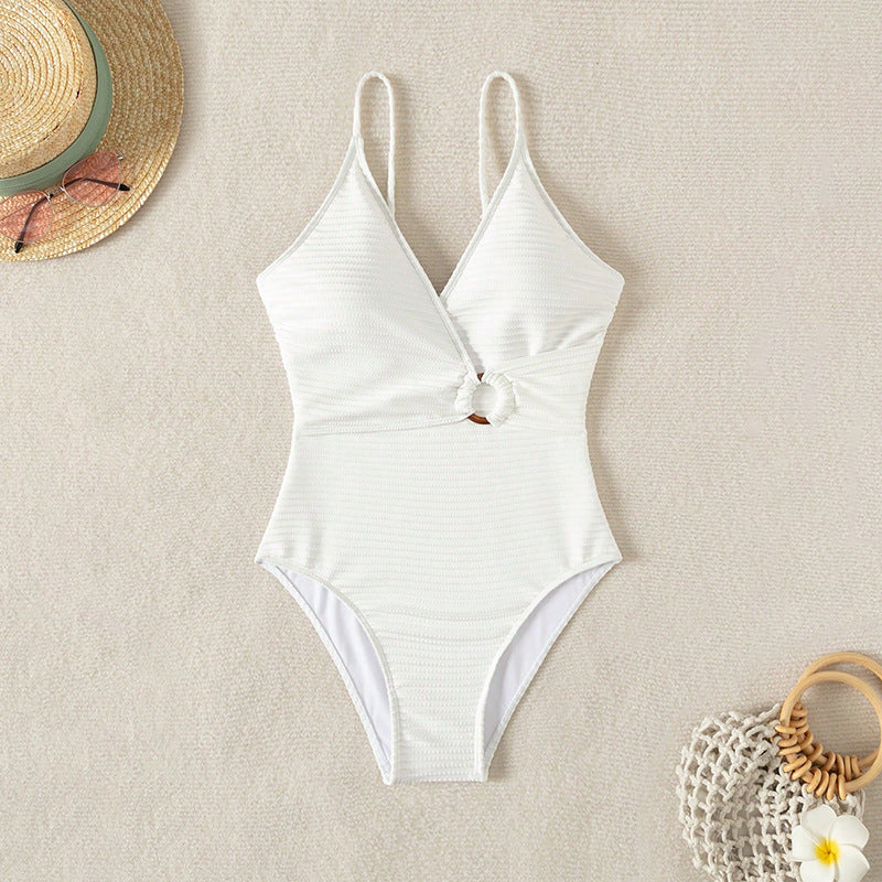 Damen Einteiler Badeanzug mit tiefem V-Ausschnitt und stylishen Knoten-Detail Echo Archiv