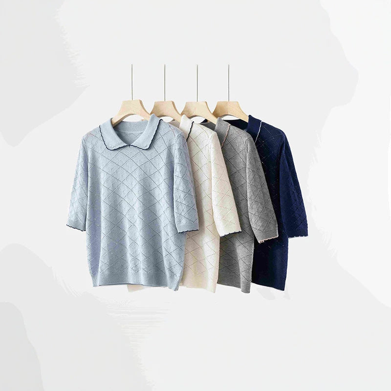 Damen Kurzarm-Feinstrickpullover mit Peter-Pan-Kragen, Ajour-Diamantmuster und feiner Kontrastkante Echo Archiv