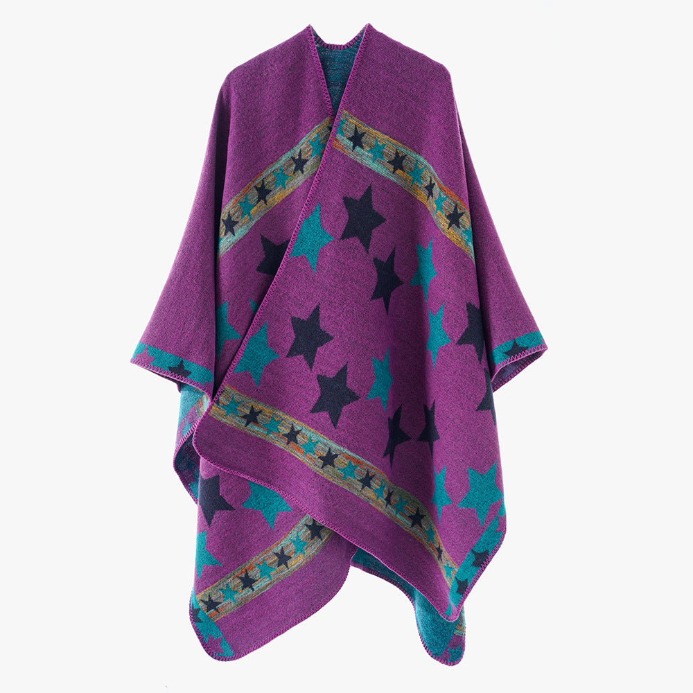 Damen Oversize-Capeponcho aus Wollmix mit zweilagigem Stern‑Jacquard und dekorativer Kettelnaht – Montévia