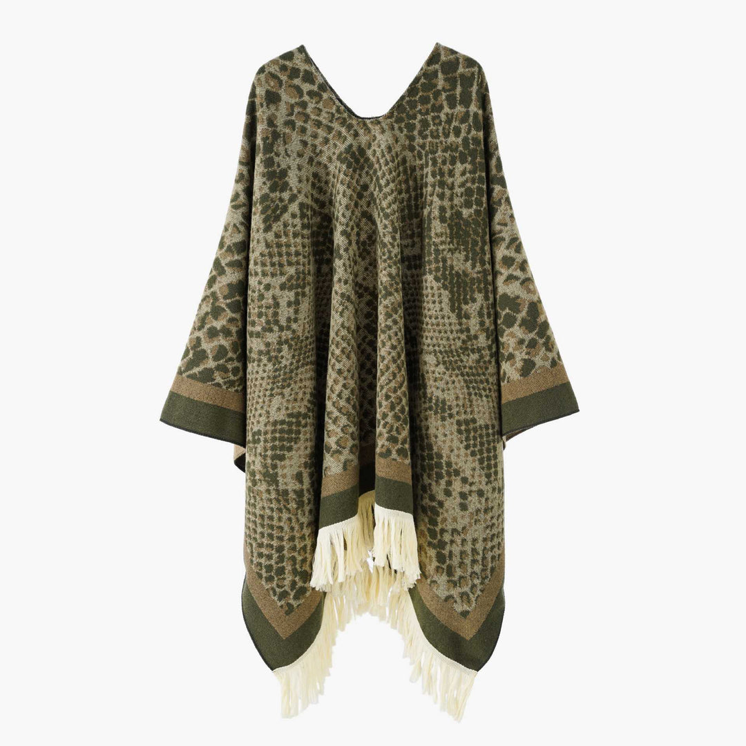 Damen Jacquard-Poncho mit V-Ausschnitt, Animalprint und Fransensaum – Avérine
