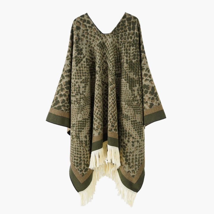 Damen Jacquard-Poncho mit V-Ausschnitt, Animalprint und Fransensaum – Avérine