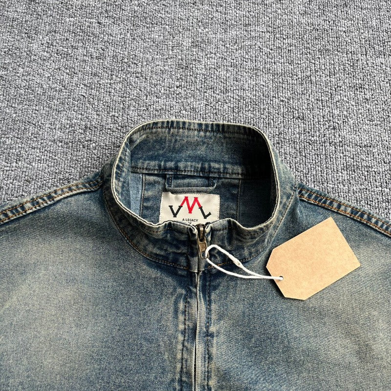 Herren Denim-Pulloverjacke im Vintage-Look mit Halbzip und Stehkragen Echoarchiv