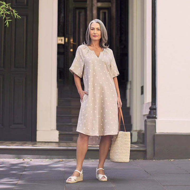 Damen nan lockeres A-Linien Leinenoptik-Kleid mit V-Ausschnitt, geraffter Schulterpartie und Eingrifftaschen Echo Archiv