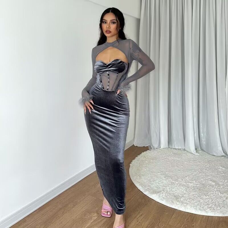 Damen figurbetontes Samt-Maxikleid mit Corsagen-Bustier und transparentem Mesh-Oberteil – Valéora