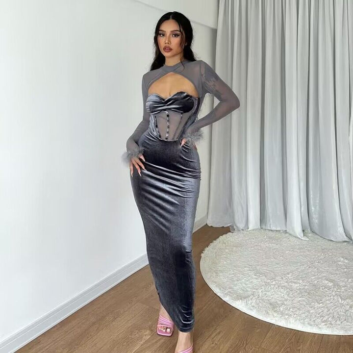 Damen figurbetontes Samt-Maxikleid mit Corsagen-Bustier und transparentem Mesh-Oberteil – Valéora
