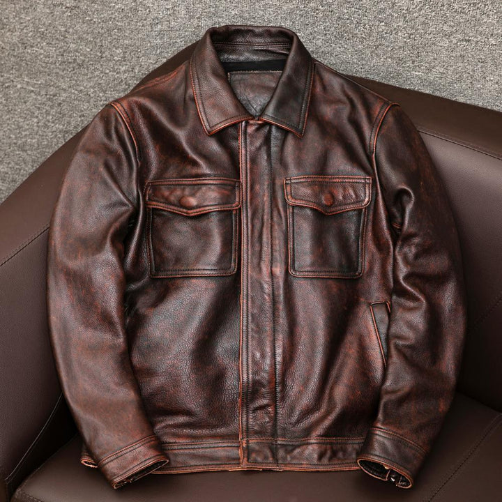 Herren Overshirt-Lederjacke mit Brusttaschen und verdecktem Reißverschluss Echoarchiv