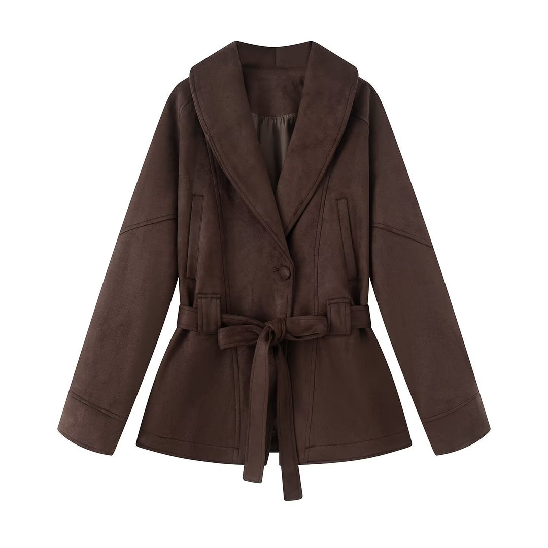 Damen Kurzmantel im Kimono-Style aus Veloursoptik mit weitem Schalkragen und Taillengürtel Echo Archiv