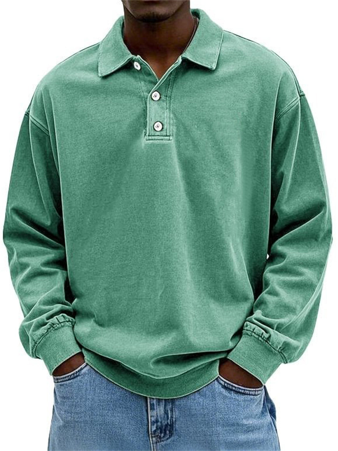 Herren Oversize Denim-Look Polo-Sweatshirt mit kurzer Knopfleiste und elastischen Bündchen EB – Norvane