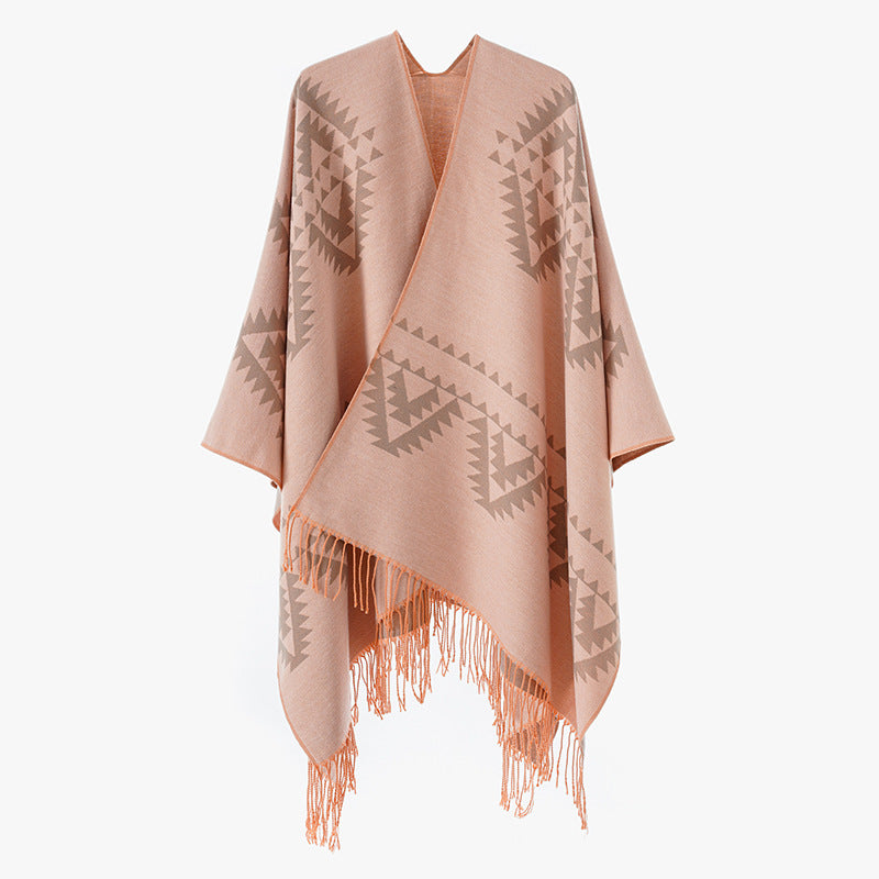 Damen Grobgewebter Jacquard-Umhang im Oversize mit Zipfelsaum und Fransensaum Echo Archiv