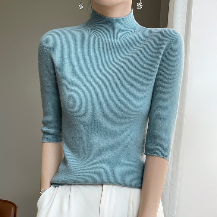 Damen Kurzarm-Mockneck-Pullover mit flauschiger Angora‑Optik Echoarchiv