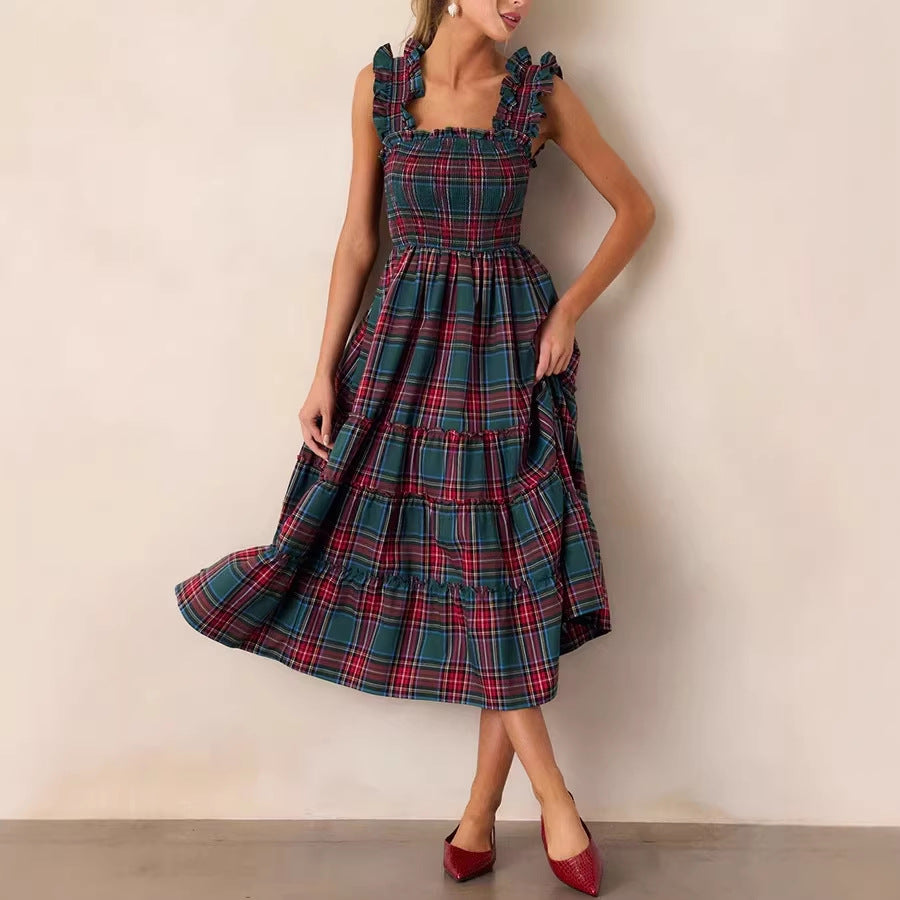 Damen Maxikleid mit voluminösen Rüschendetails und klassischen Karo-Muster Echo Archiv