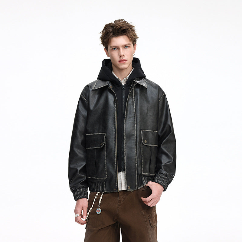 Herren Oversized Faux‑Leather Bomberjacke mit abnehmbarer Kapuze und Utility‑Taschen Echo Archiv