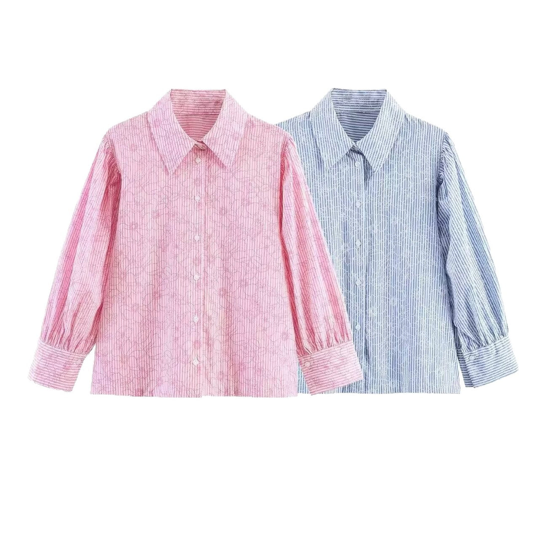 Damen Gestreifte Baumwollbluse mit Puffärmeln und Tonaler Stickerei Echo Archiv