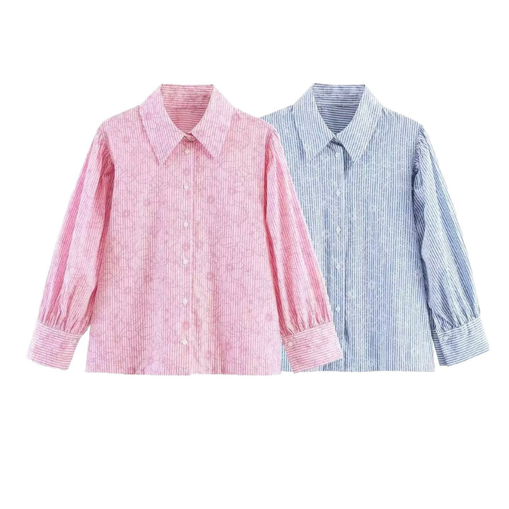 Damen Gestreifte Baumwollbluse mit Puffärmeln und Tonaler Stickerei Echo Archiv