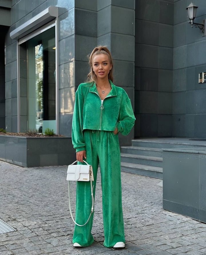 Damen gekürztes Velours-Cropped-Hoodie mit Stehkragen und elastischer High-Waist-Palazzo-Jogginghose – Auréline