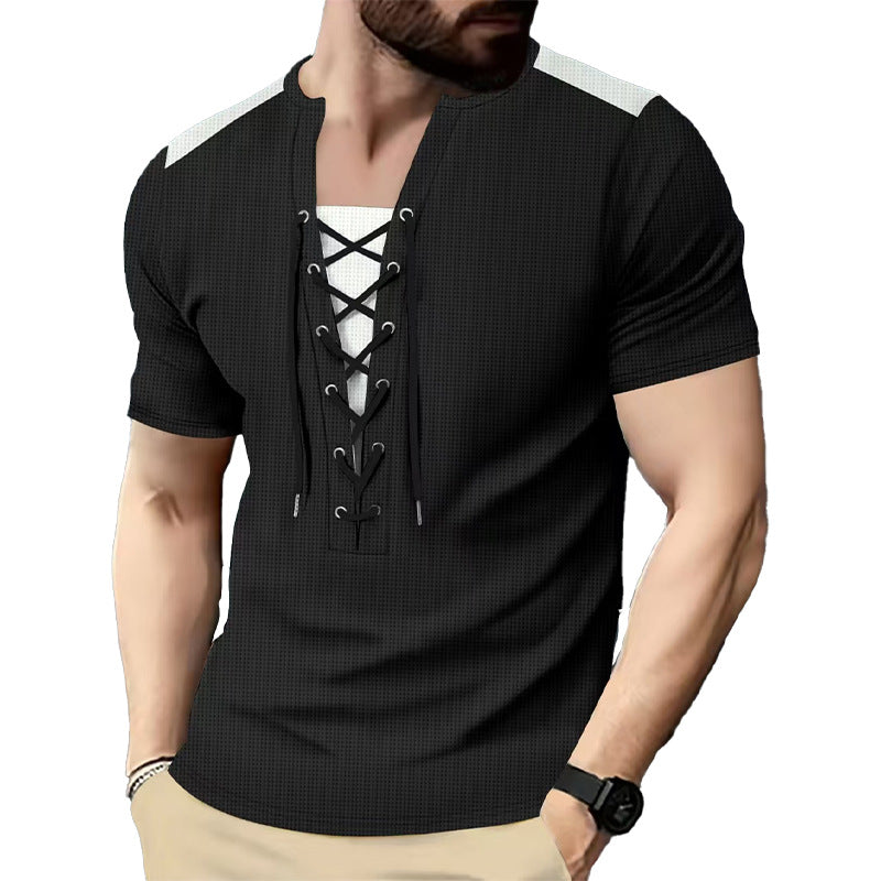 Herren Kurzarm-Henley-Oberteil mit einzigartigem Schnürdesign Echoarchiv