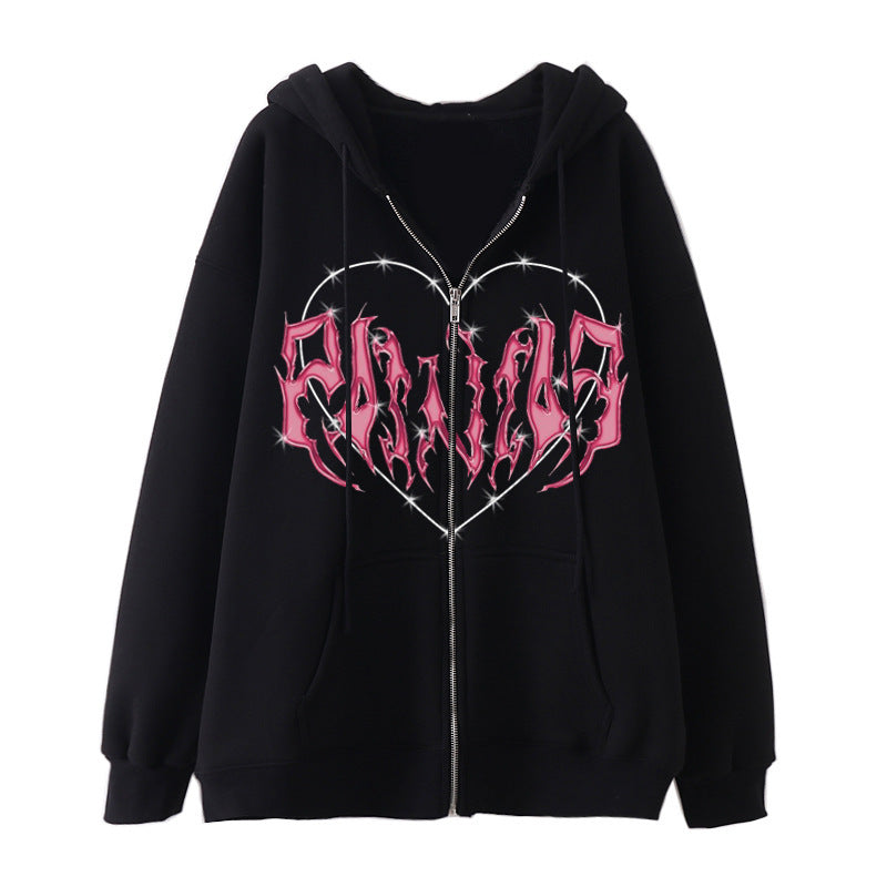 Damen Kapuzenjacke mit durchgehendem Reißverschluss und Rippenherz-Print – Auréline